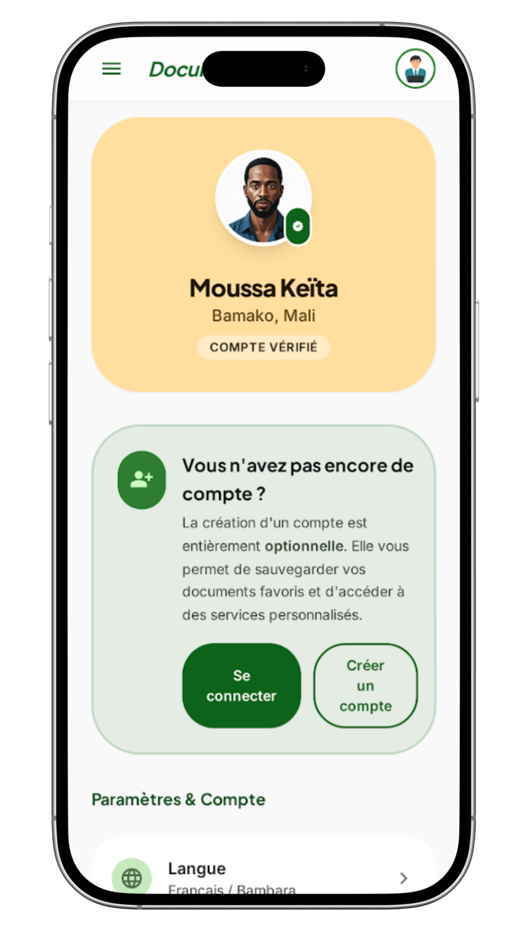 Aperçu de l'application DocuMali sur téléphone