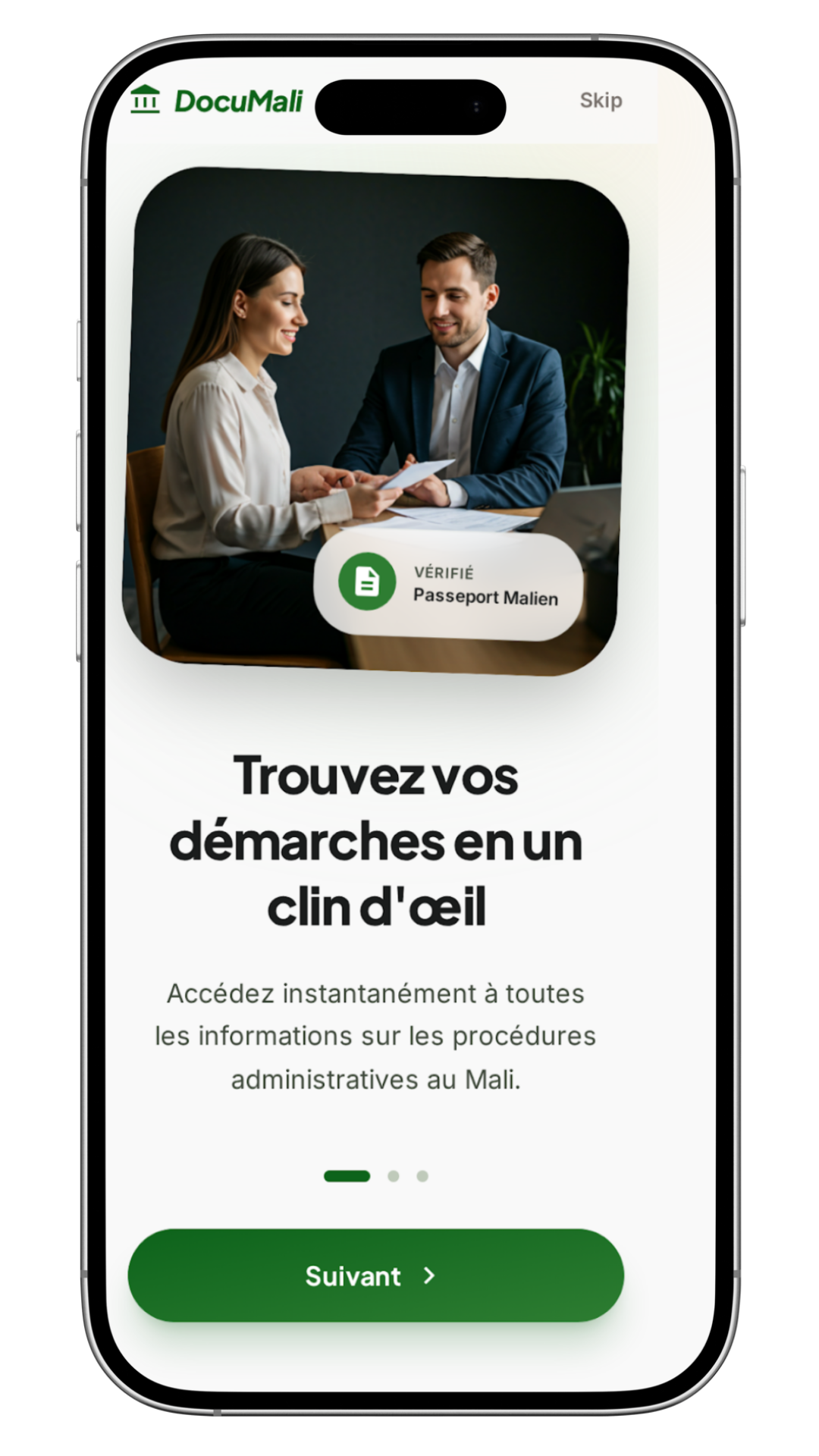 Aperçu de l'application DocuMali sur téléphone