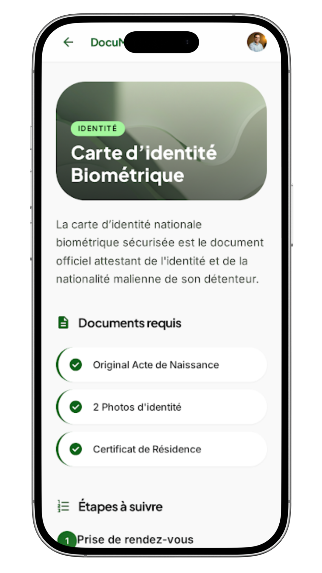 Aperçu de l'application DocuMali sur téléphone